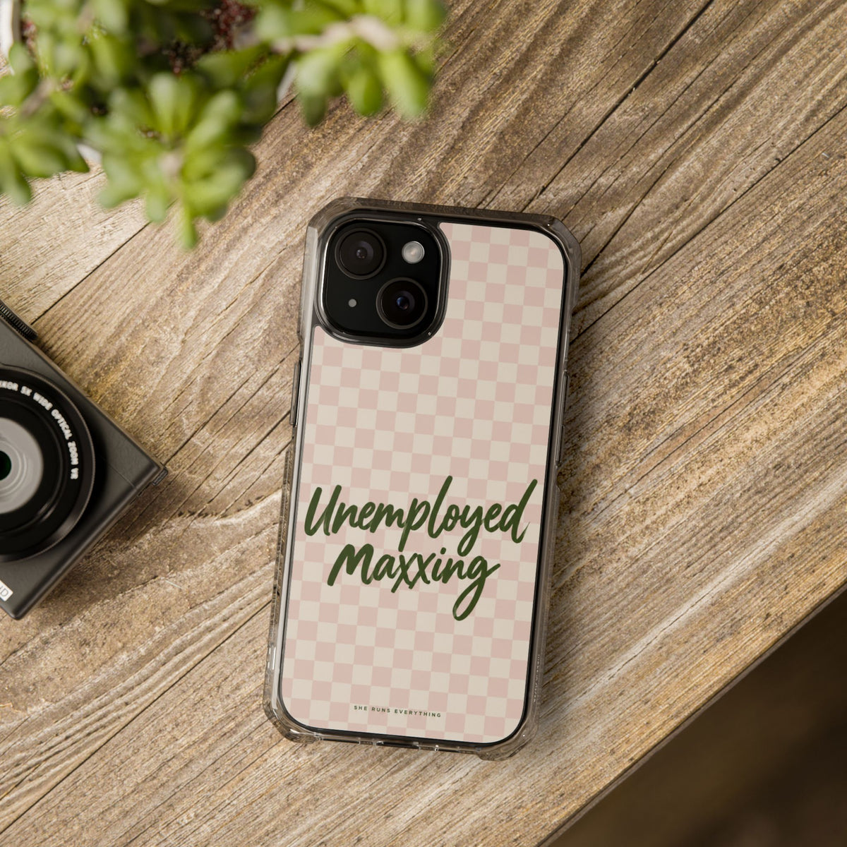 Unemployed Maxxing Phone Case, Khaki Script iPhone Case, MagSafe Compatible Impact Case, Funny Gift for Her, iPhone 14 15 16 17