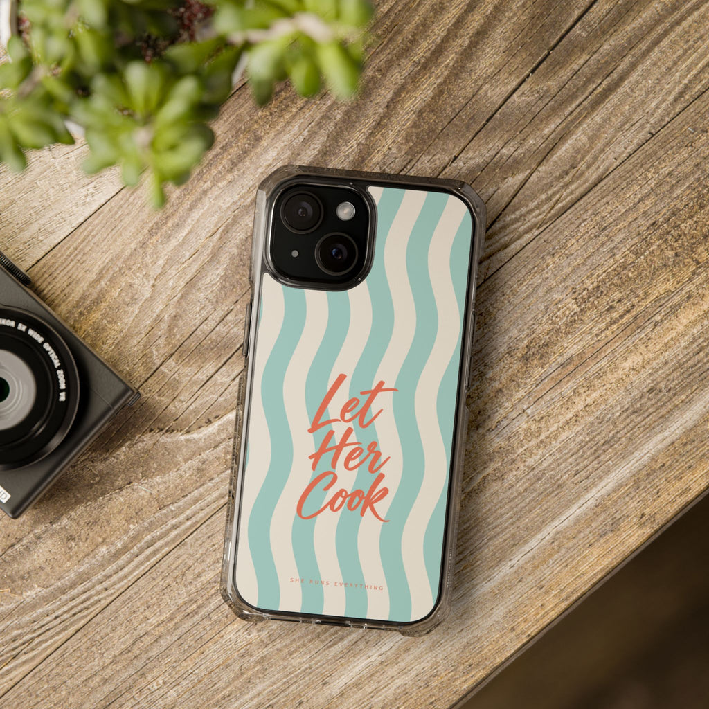 Let Her Cook Phone Case, Coral Script iPhone Case, MagSafe Compatible Impact Case, Funny Gift for Her, iPhone 14 15 16 17