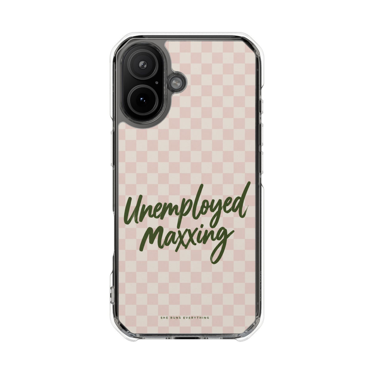 Unemployed Maxxing Phone Case, Khaki Script iPhone Case, MagSafe Compatible Impact Case, Funny Gift for Her, iPhone 14 15 16 17