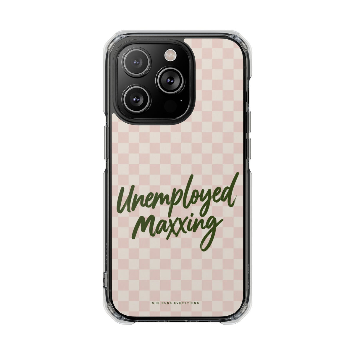 Unemployed Maxxing Phone Case, Khaki Script iPhone Case, MagSafe Compatible Impact Case, Funny Gift for Her, iPhone 14 15 16 17