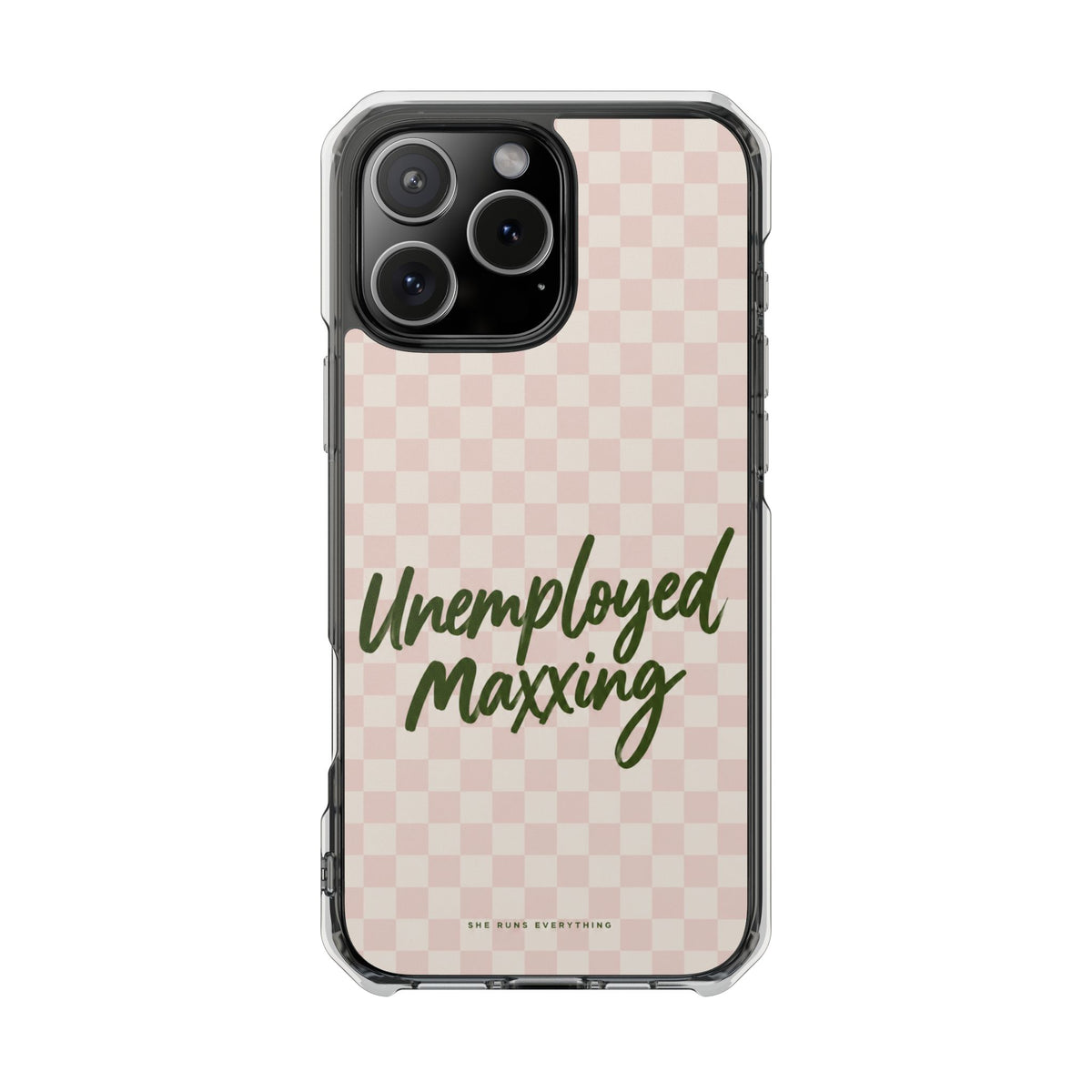 Unemployed Maxxing Phone Case, Khaki Script iPhone Case, MagSafe Compatible Impact Case, Funny Gift for Her, iPhone 14 15 16 17