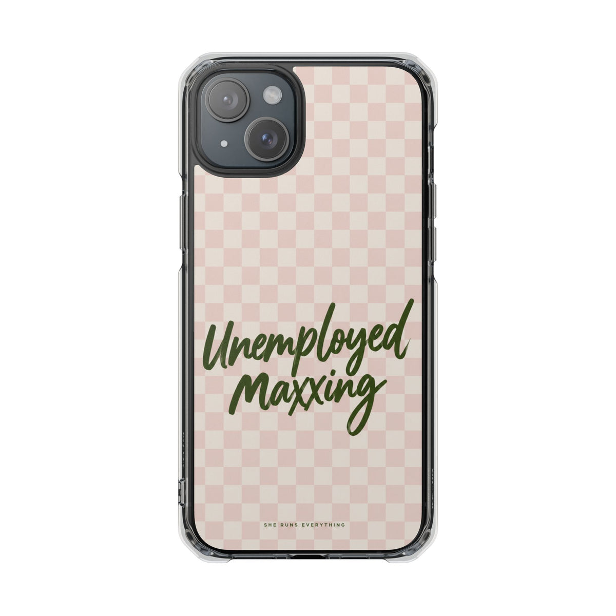 Unemployed Maxxing Phone Case, Khaki Script iPhone Case, MagSafe Compatible Impact Case, Funny Gift for Her, iPhone 14 15 16 17