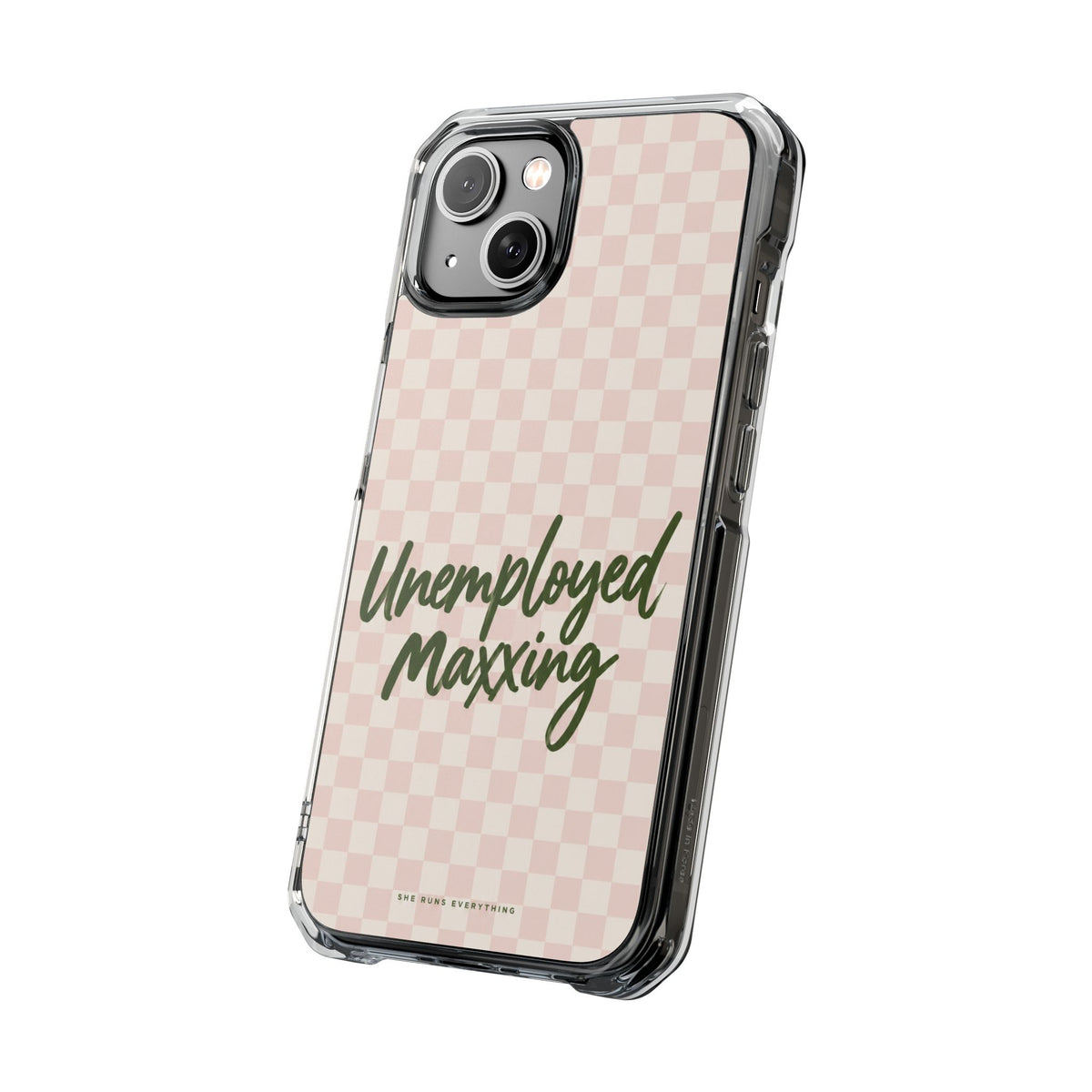 Unemployed Maxxing Phone Case, Khaki Script iPhone Case, MagSafe Compatible Impact Case, Funny Gift for Her, iPhone 14 15 16 17