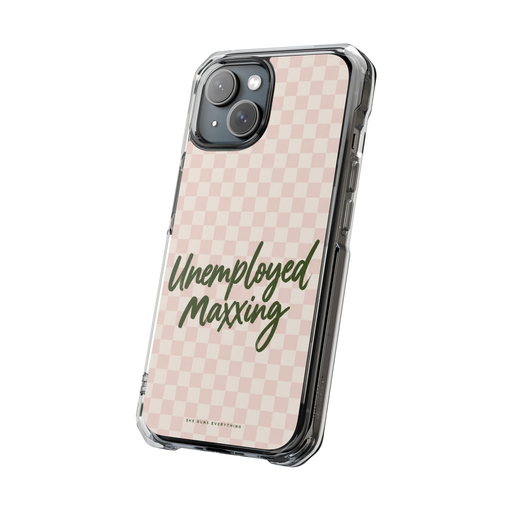 Unemployed Maxxing Phone Case, Khaki Script iPhone Case, MagSafe Compatible Impact Case, Funny Gift for Her, iPhone 14 15 16 17