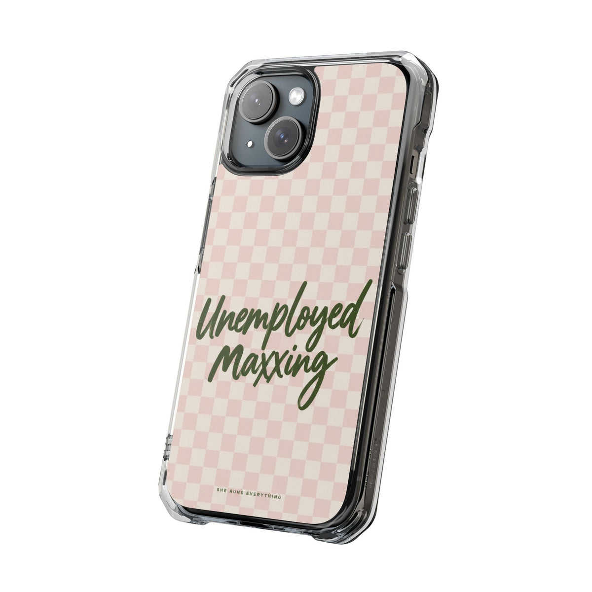 Unemployed Maxxing Phone Case, Khaki Script iPhone Case, MagSafe Compatible Impact Case, Funny Gift for Her, iPhone 14 15 16 17