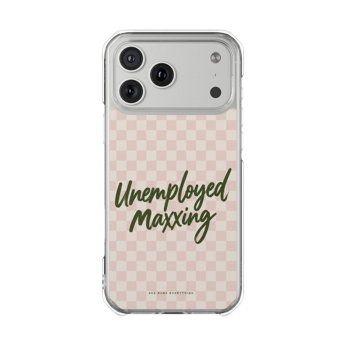 Unemployed Maxxing Phone Case, Khaki Script iPhone Case, MagSafe Compatible Impact Case, Funny Gift for Her, iPhone 14 15 16 17