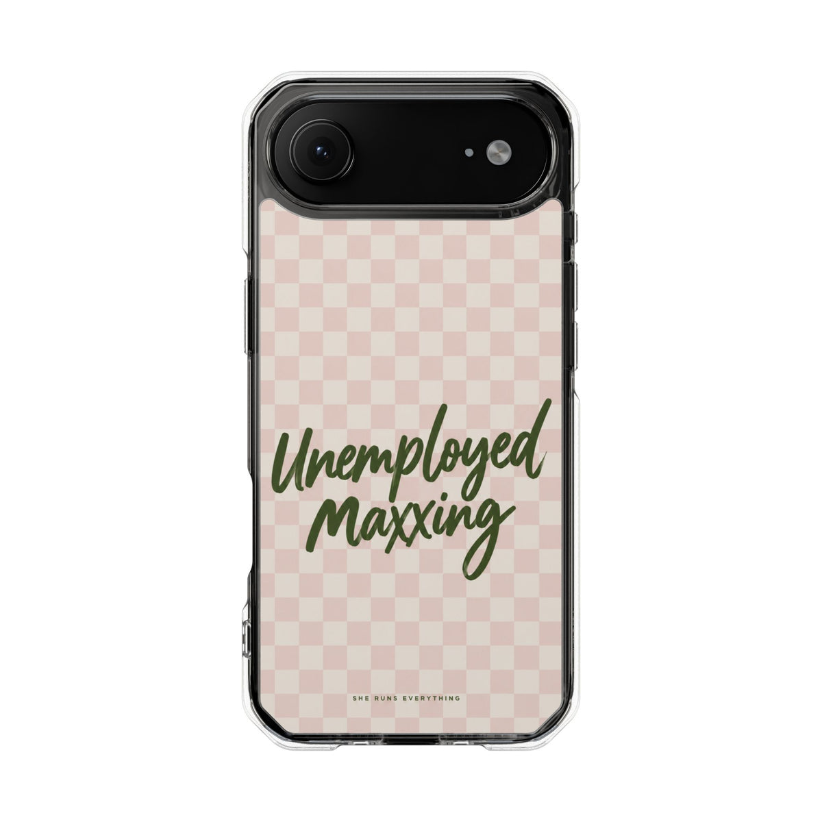 Unemployed Maxxing Phone Case, Khaki Script iPhone Case, MagSafe Compatible Impact Case, Funny Gift for Her, iPhone 14 15 16 17