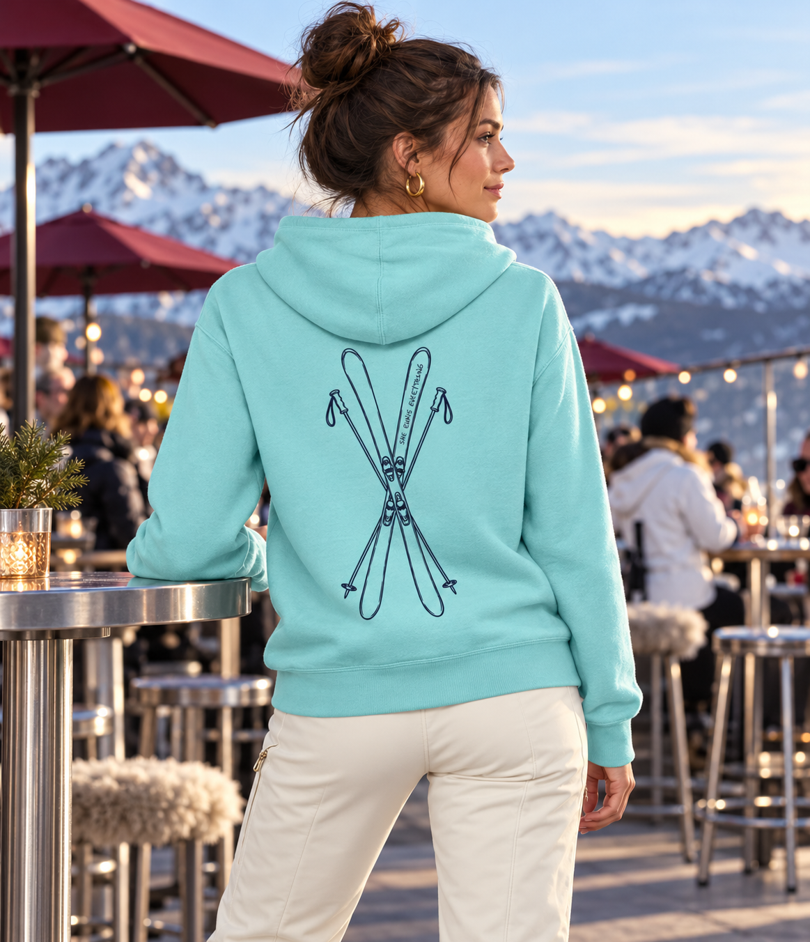 Annabel Cross Neck Hoodie – Women’s Ski Back Print Hoodie | Heavyweight 330gsm