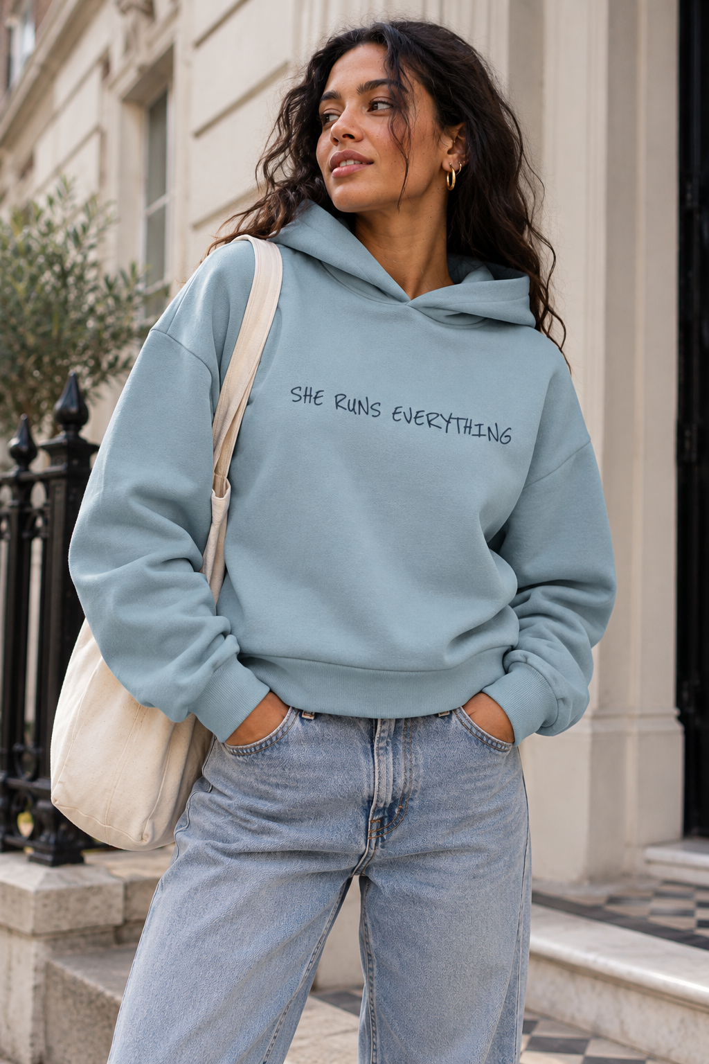 Betty Boxy Hoodie | Dusty Blue | SRE Signature Print | Heavyweight 500gsm | 85% Organic Cotton | She Runs Everything