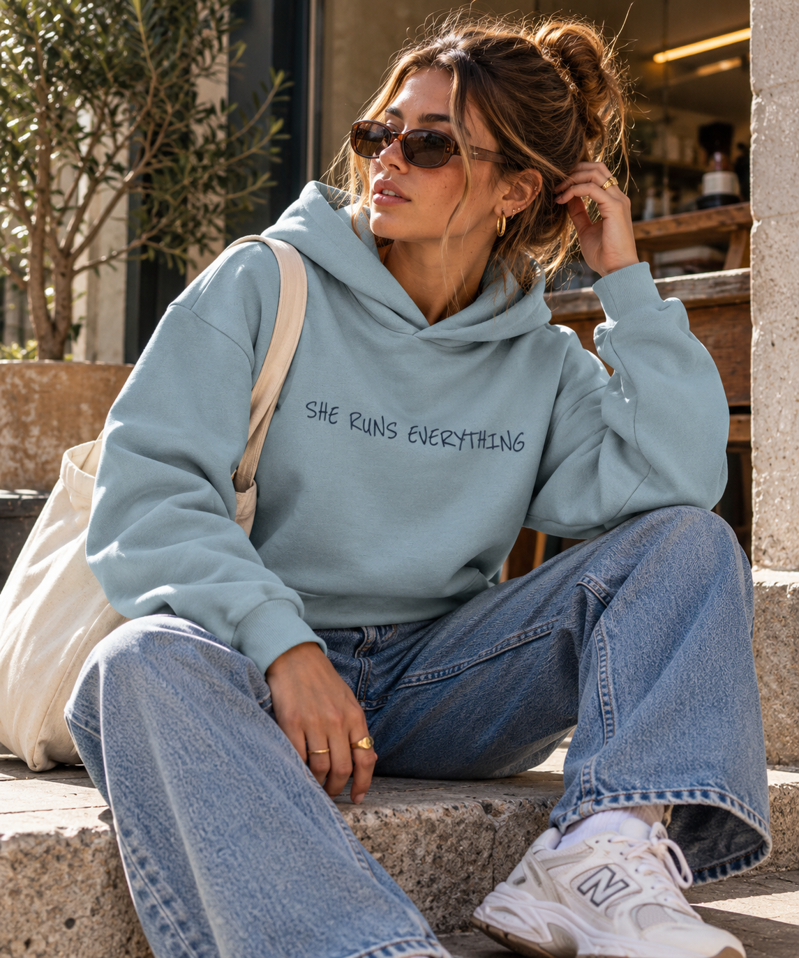 Betty Boxy Hoodie | Dusty Blue | SRE Signature Print | Heavyweight 500gsm | 85% Organic Cotton | She Runs Everything