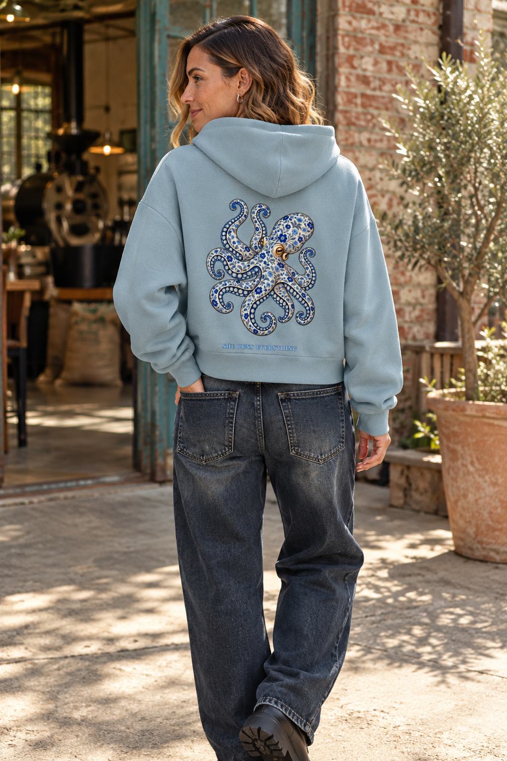 Frances Cropped Hoodie | Pebble Blue | Blue Floral Octopus | Heavyweight 500gsm | 85% Organic Cotton | She Runs Everything