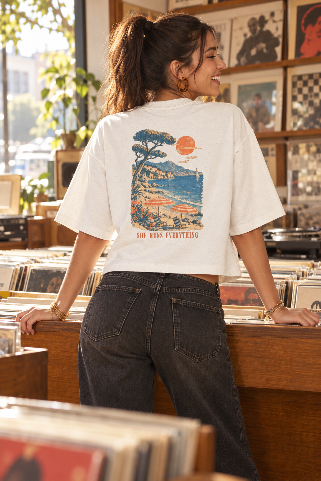 Lola Tee | Organic & Recycled Cotton Crop | Vintage Coastal Graphic SHE RUNS EVERYTHING