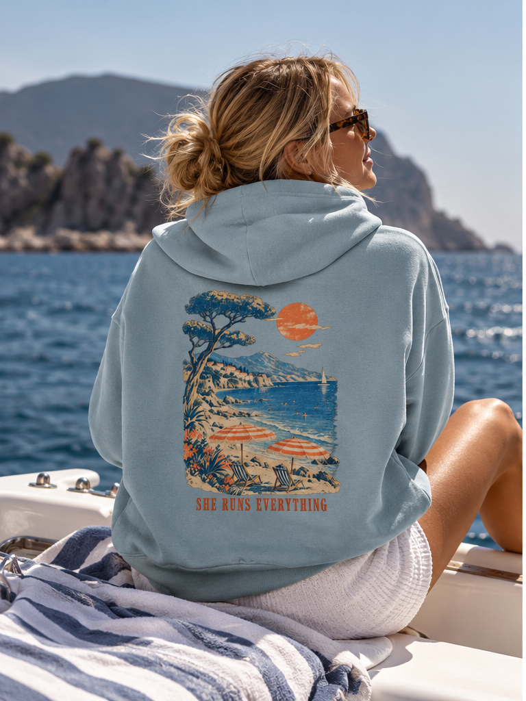 Lola Boxy Hoodie | Dusty Blue | Mediterranean Print | Heavyweight 500gsm | 85% Organic Cotton | She Runs Everything