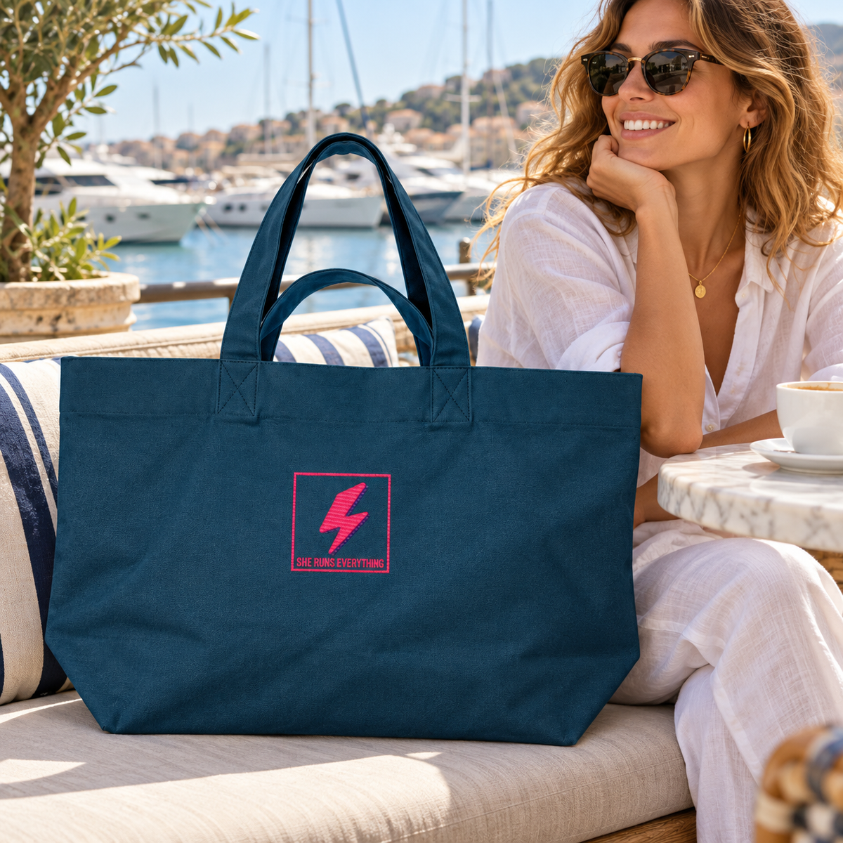 Retro Lightning Bolt Oversized Tote Bag | 100% Recycled Cotton | Embroidered Heavyweight Canvas Shopper | SHE RUNS EVERYTHING