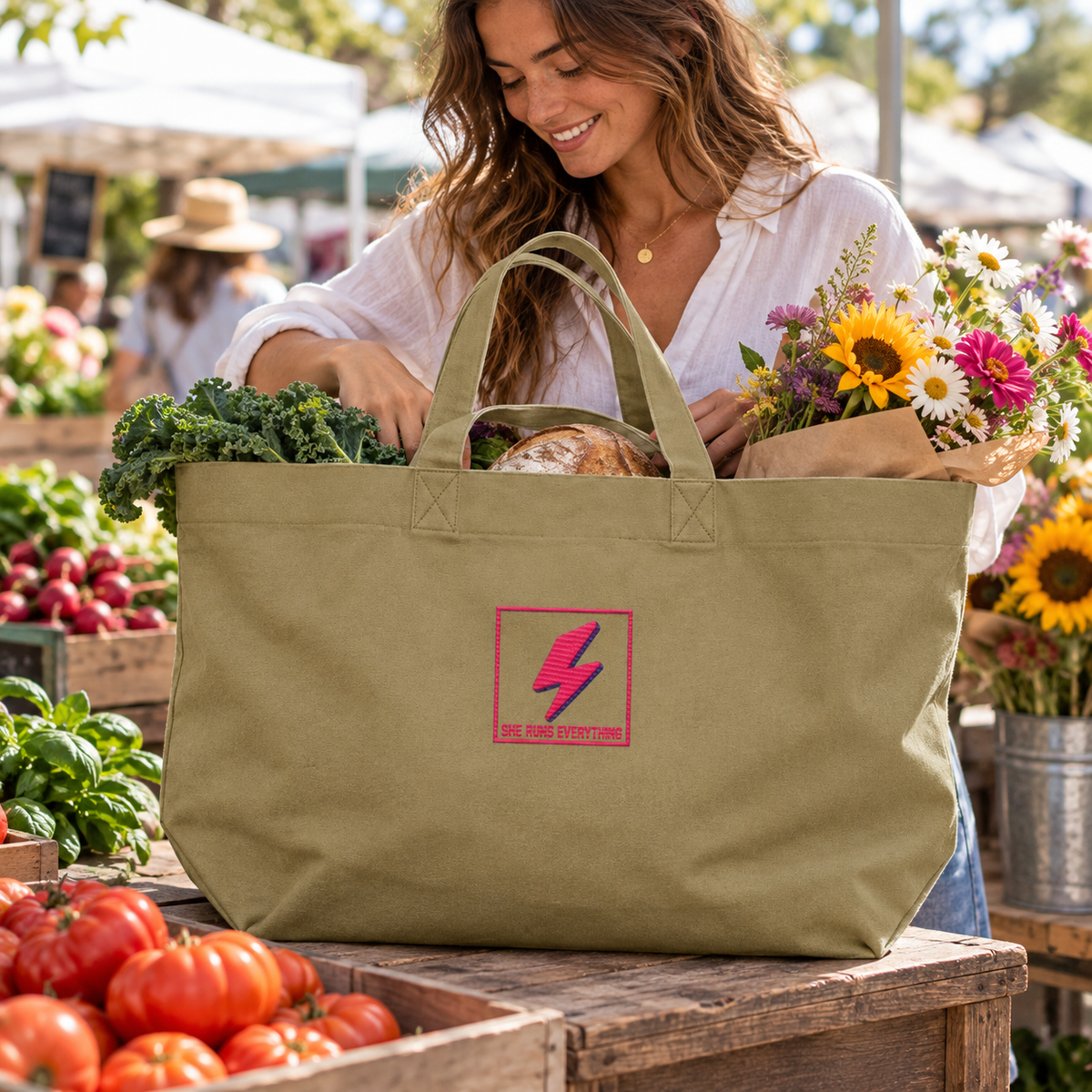 Retro Lightning Bolt Oversized Tote Bag | 100% Recycled Cotton | Embroidered Heavyweight Canvas Shopper | SHE RUNS EVERYTHING