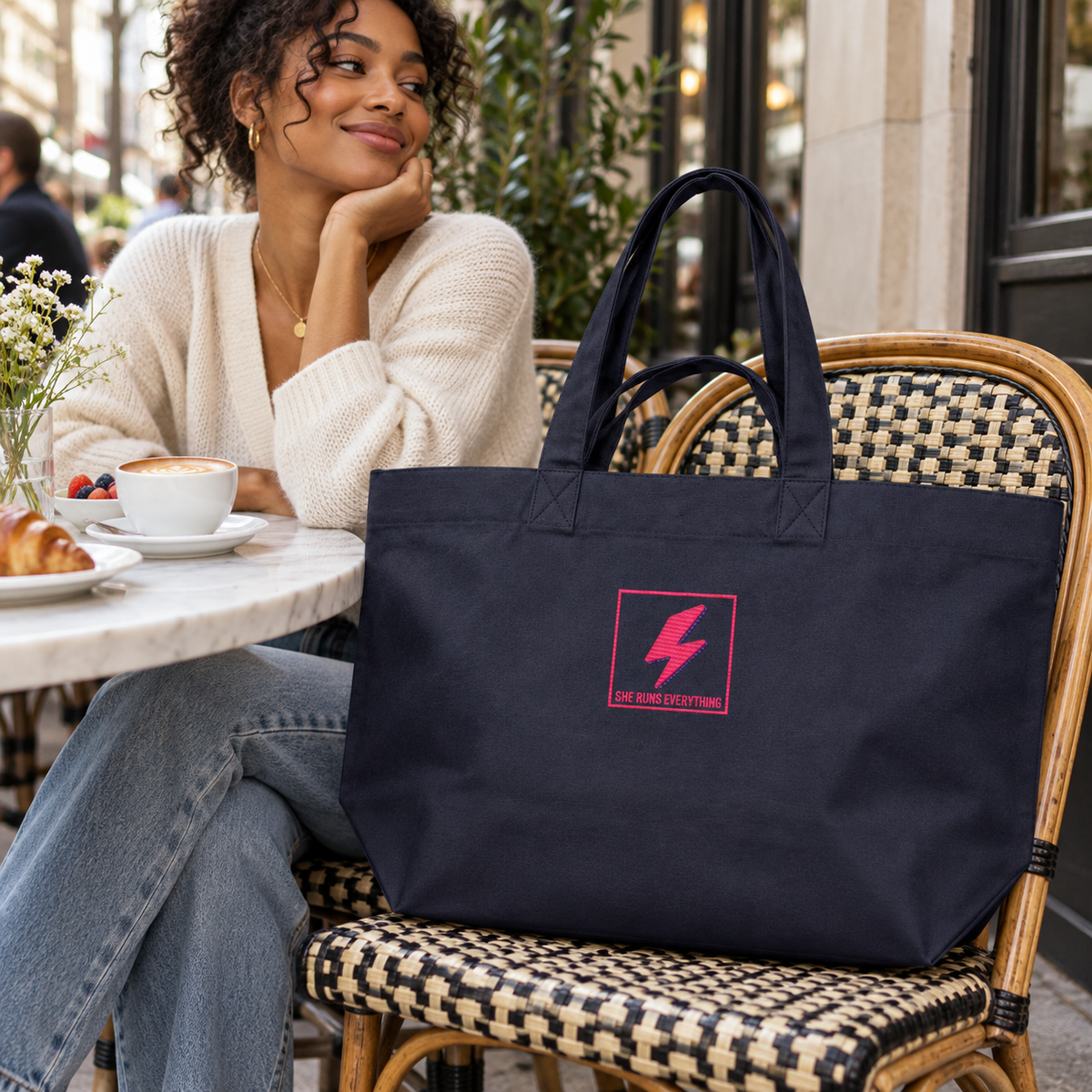 Retro Lightning Bolt Oversized Tote Bag | 100% Recycled Cotton | Embroidered Heavyweight Canvas Shopper | SHE RUNS EVERYTHING