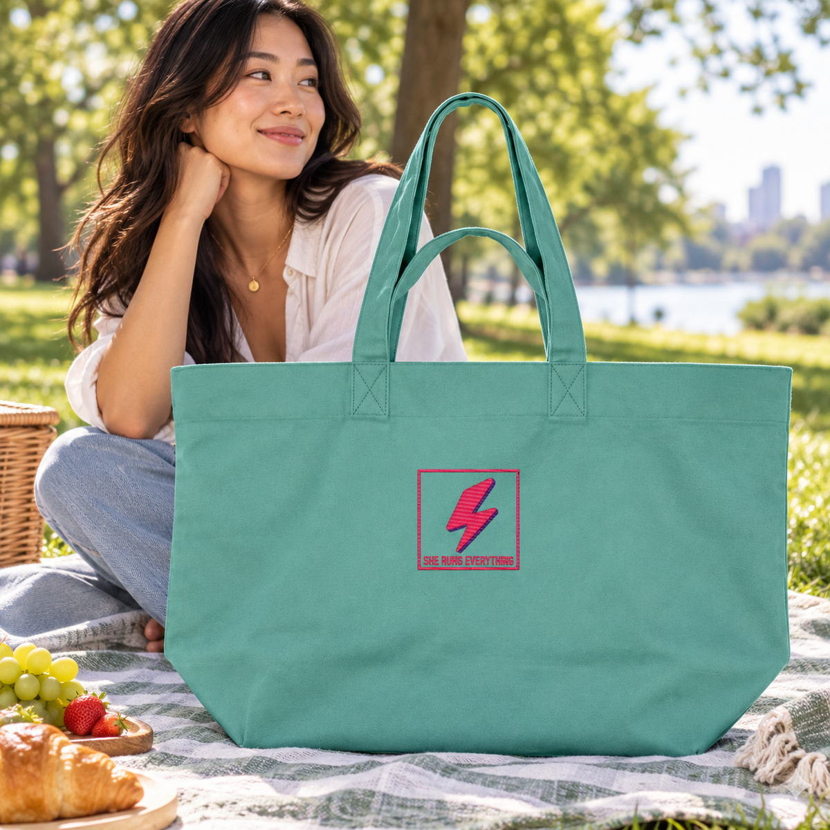 Retro Lightning Bolt Oversized Tote Bag | 100% Recycled Cotton | Embroidered Heavyweight Canvas Shopper | SHE RUNS EVERYTHING
