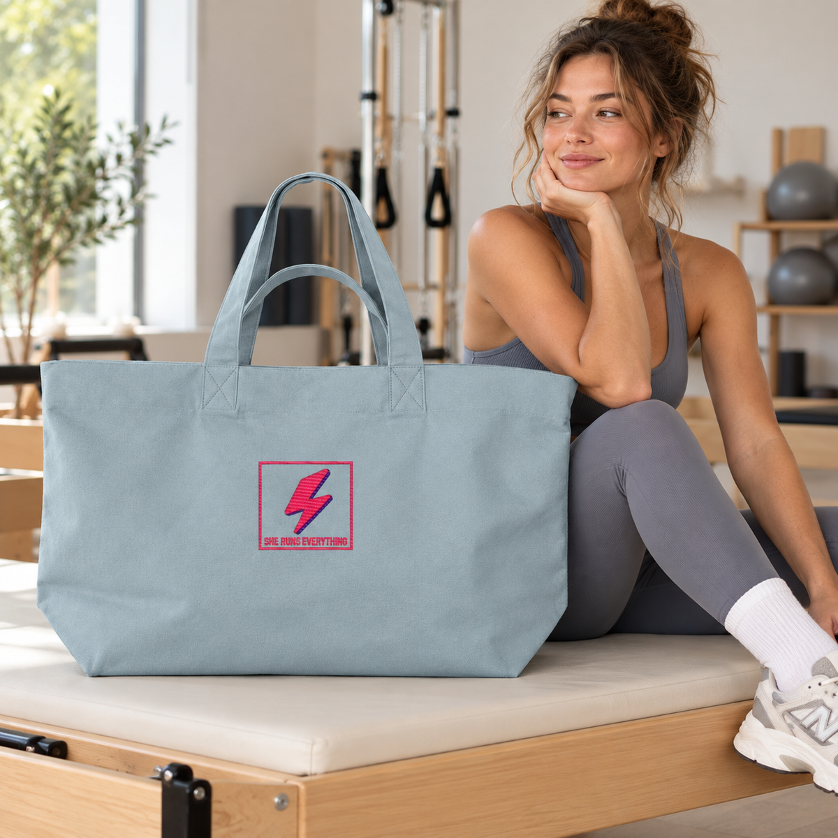Retro Lightning Bolt Oversized Tote Bag | 100% Recycled Cotton | Embroidered Heavyweight Canvas Shopper | SHE RUNS EVERYTHING