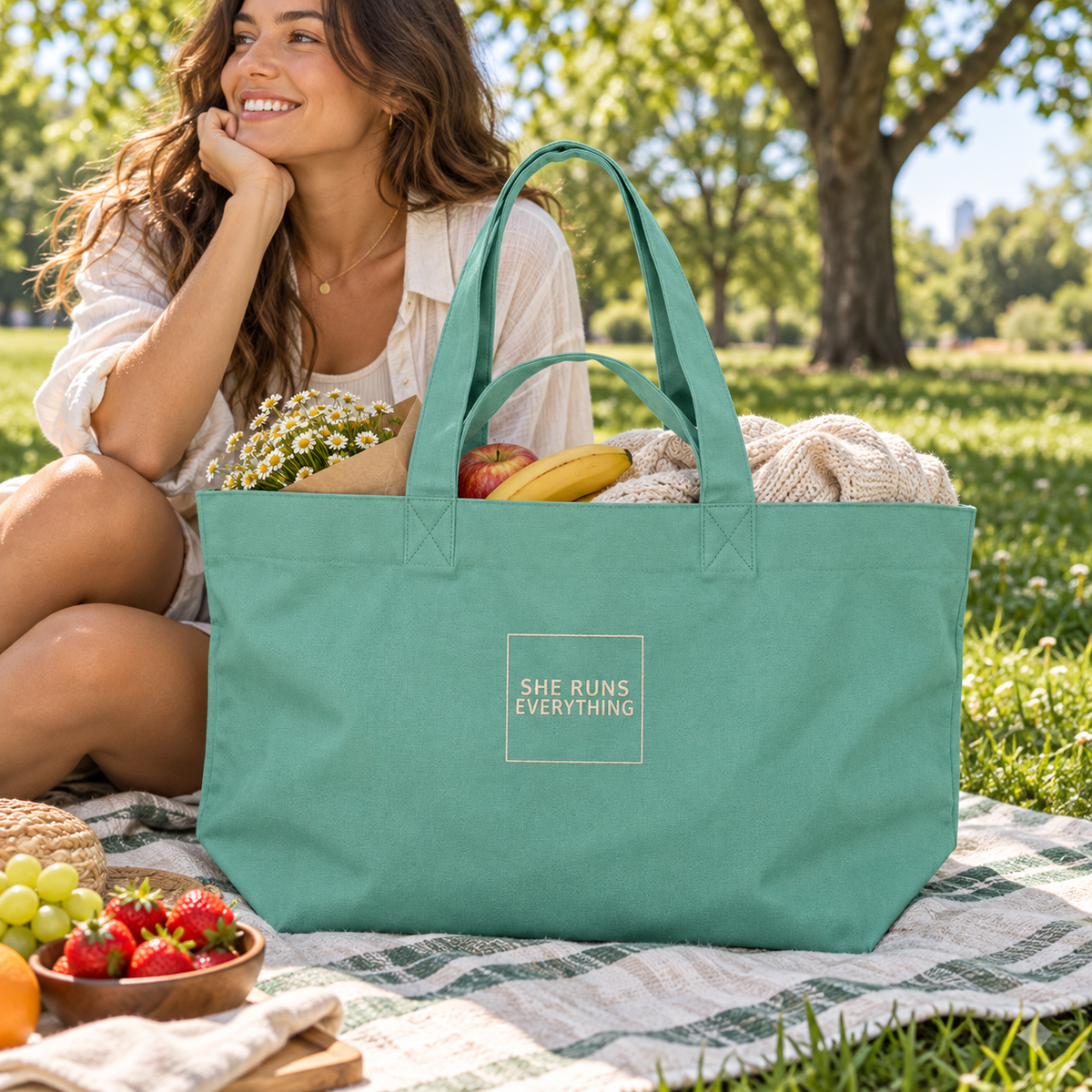 SHE RUNS EVERYTHING Oversized Tote Bag | 100% Recycled Cotton | Embroidered Heavyweight Canvas Shopper