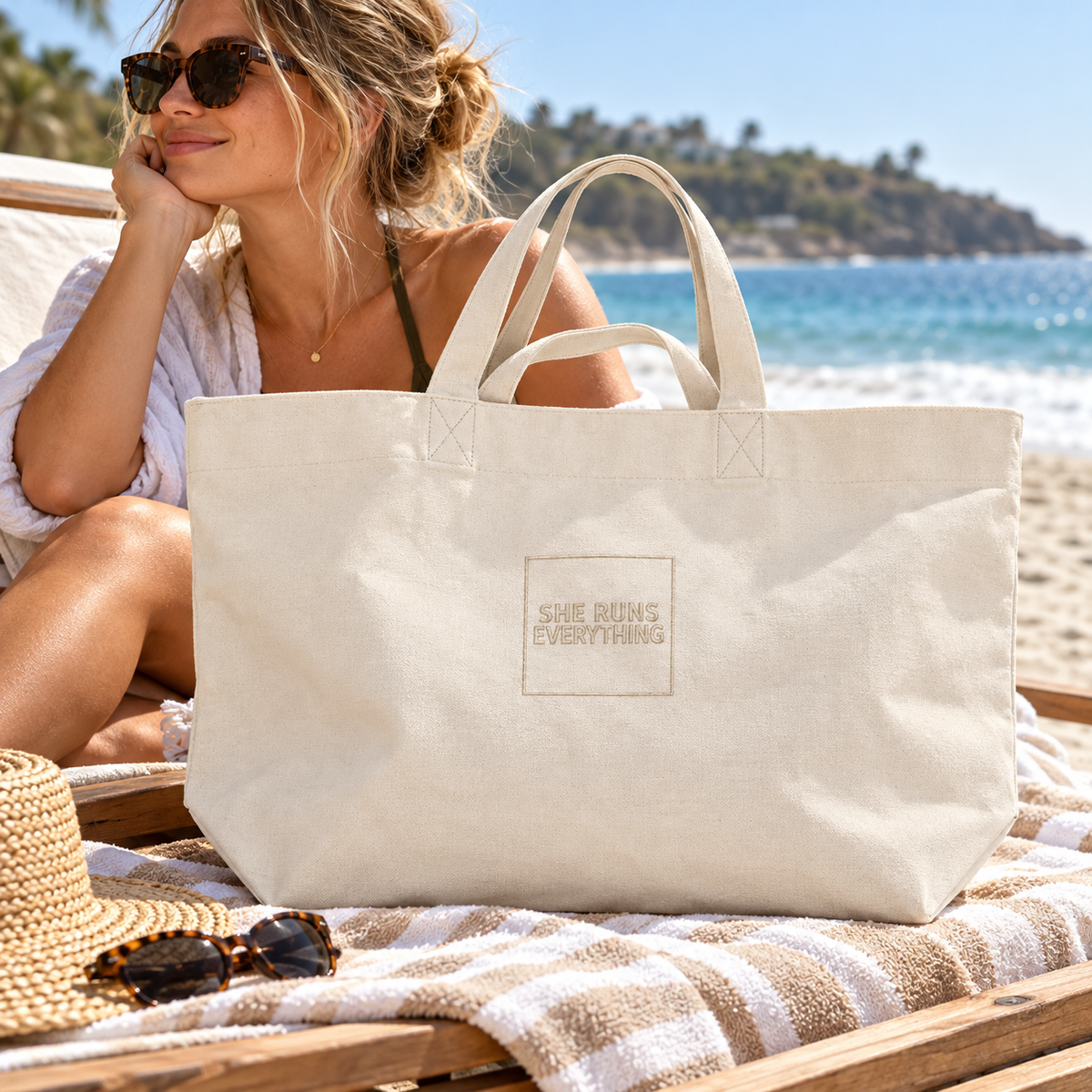 SHE RUNS EVERYTHING Oversized Tote Bag | 100% Recycled Cotton | Embroidered Heavyweight Canvas Shopper