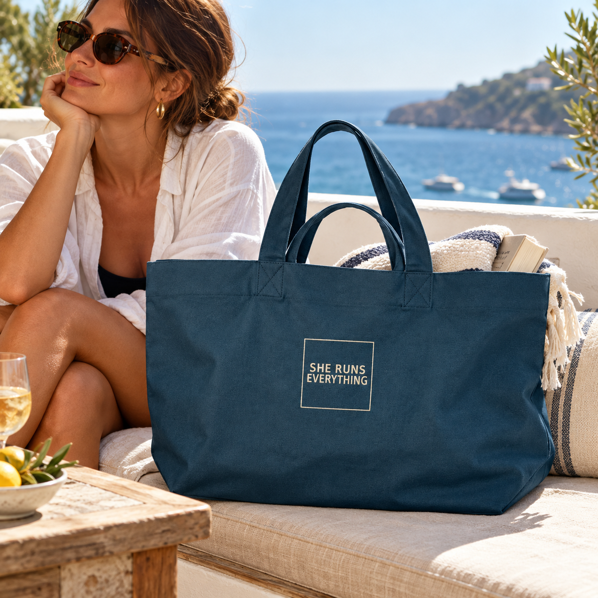 SHE RUNS EVERYTHING Oversized Tote Bag | 100% Recycled Cotton | Embroidered Heavyweight Canvas Shopper