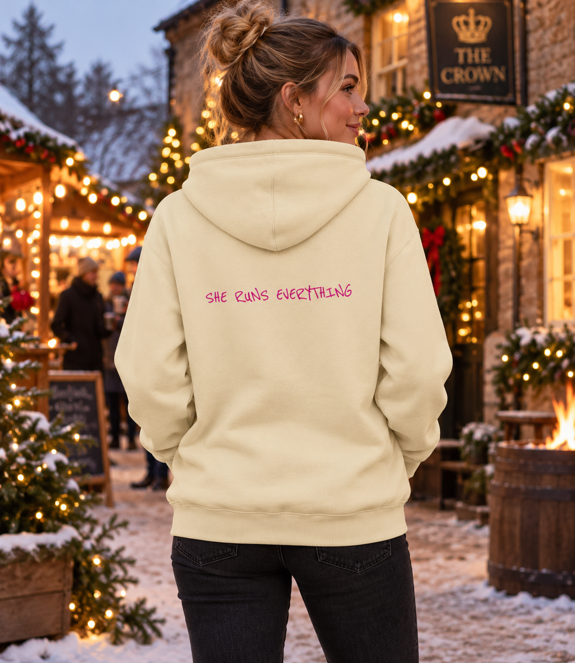 Penelope Cross Neck Hoodie – Women’s SHE RUNS EVERYTHING Back Print Hoodie | Heavyweight 330gsm