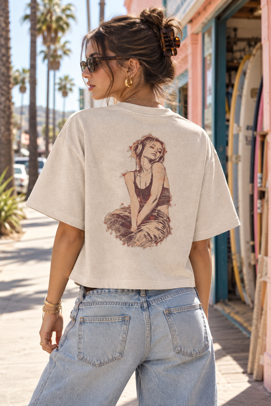Rosie Tee | Organic & Recycled Cotton Crop | Vintage Headphones Graphic SHE RUNS EVERYTHING
