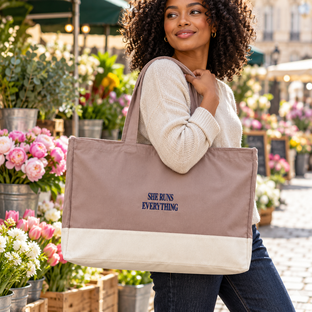 She Runs Everything Signature Embroidered Tote Bag | EarthAware® 100% Organic Cotton Canvas Shopper | Rose & Natural