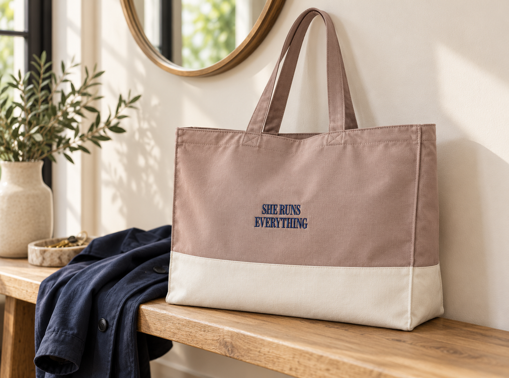 She Runs Everything Signature Embroidered Tote Bag | EarthAware® 100% Organic Cotton Canvas Shopper | Rose & Natural