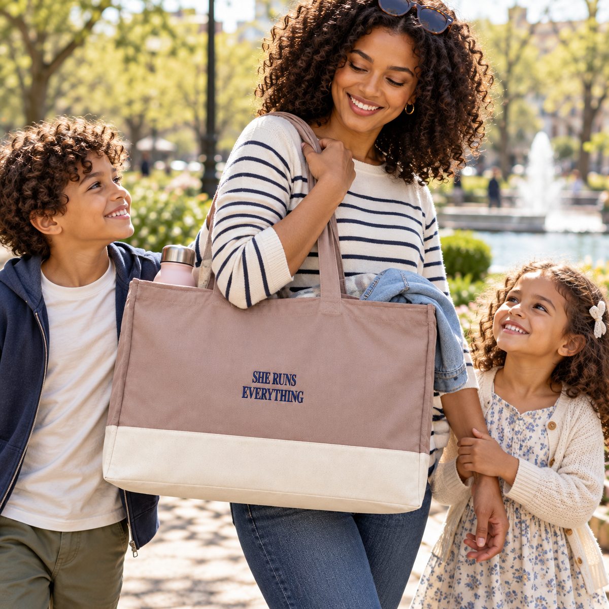 She Runs Everything Signature Embroidered Tote Bag | EarthAware® 100% Organic Cotton Canvas Shopper | Rose & Natural