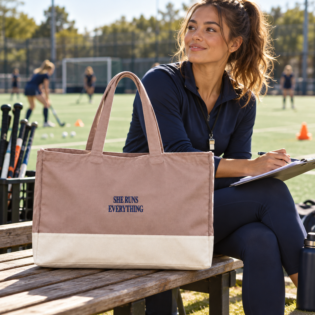 She Runs Everything Signature Embroidered Tote Bag | EarthAware® 100% Organic Cotton Canvas Shopper | Rose & Natural