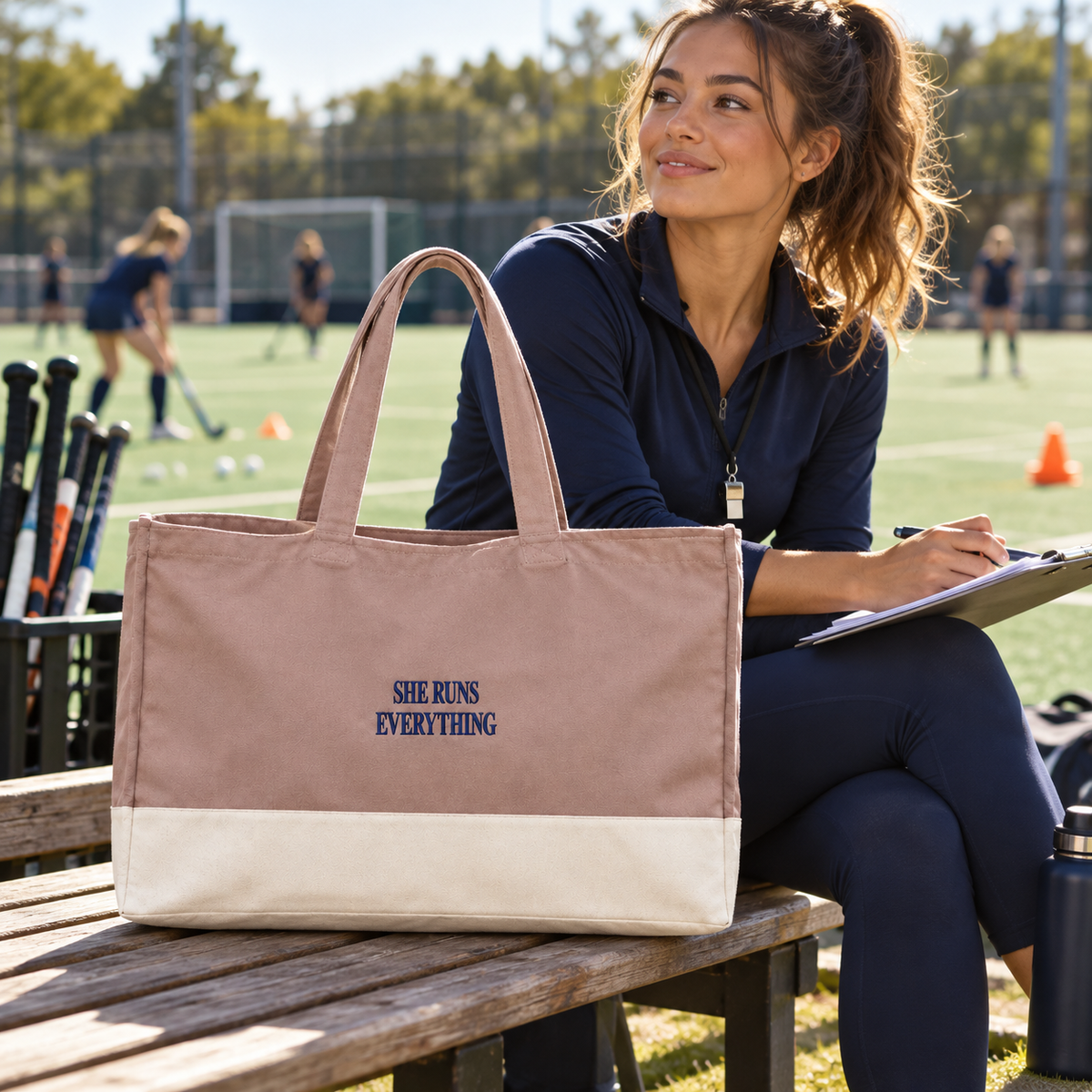 She Runs Everything Signature Embroidered Tote Bag | EarthAware® 100% Organic Cotton Canvas Shopper | Rose & Natural