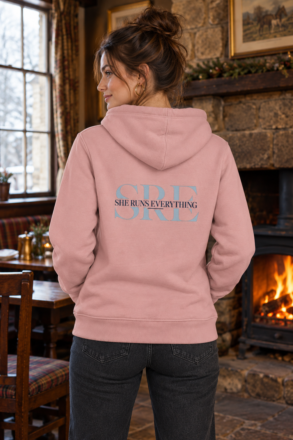 SRE Cross Neck Hoodie – Women’s Signature Back Print Hoodie | Heavyweight 330gsm