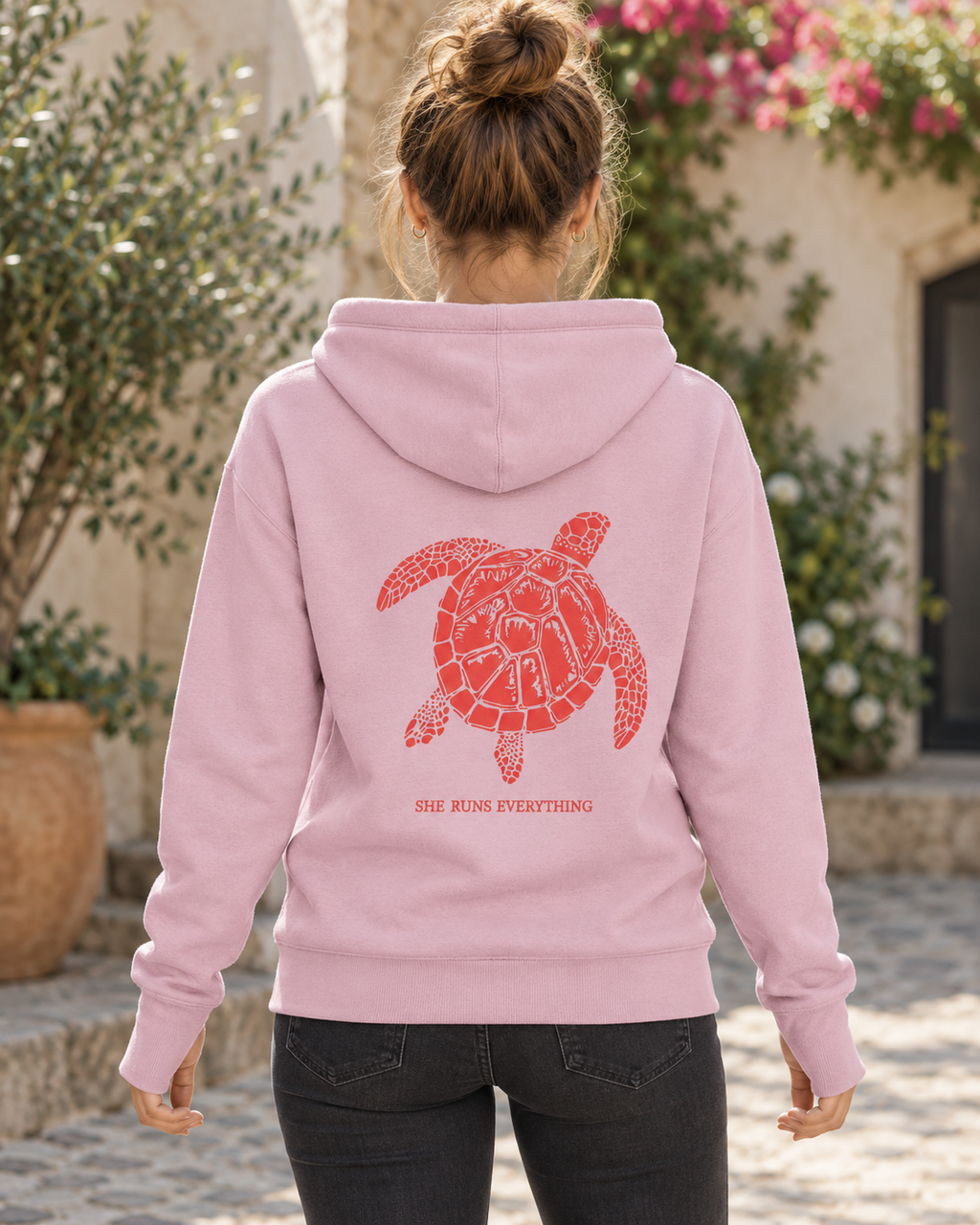 Serena Cross Neck Hoodie – Women’s Turtle Back Print Hoodie | Heavyweight 330gsm