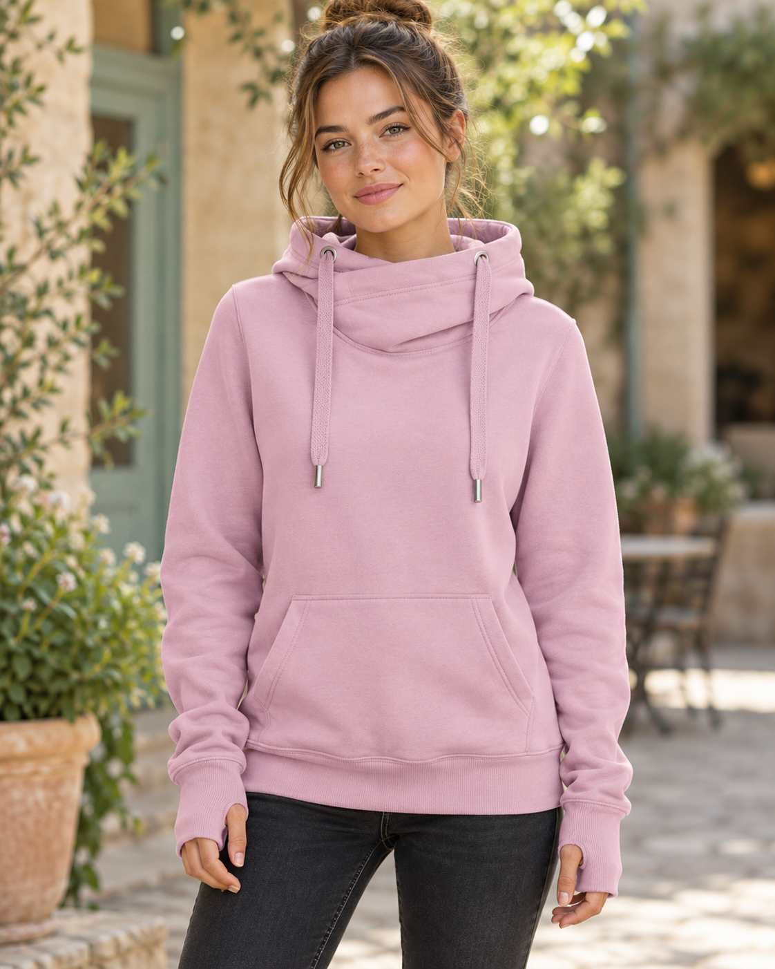 Serena Cross Neck Hoodie – Women’s Turtle Back Print Hoodie | Heavyweight 330gsm
