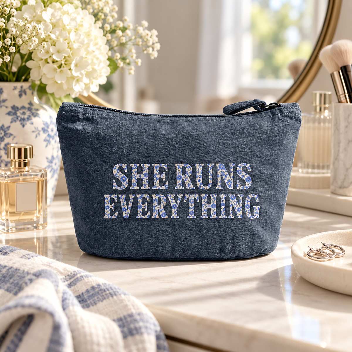 SRE Floral Recycled Cotton Accessories Bag – Vintage Denim | Makeup & Travel Pouch SHE RUNS EVERYTHING