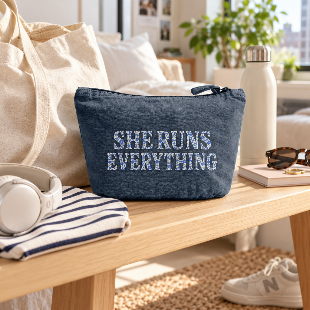 SRE Floral Recycled Cotton Accessories Bag – Vintage Denim | Makeup & Travel Pouch SHE RUNS EVERYTHING