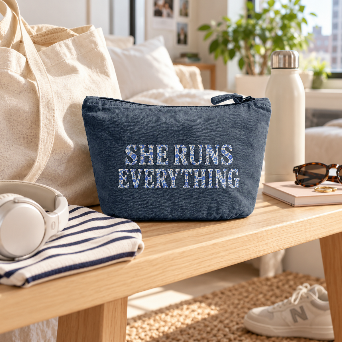 SRE Floral Recycled Cotton Accessories Bag – Vintage Denim | Makeup & Travel Pouch SHE RUNS EVERYTHING